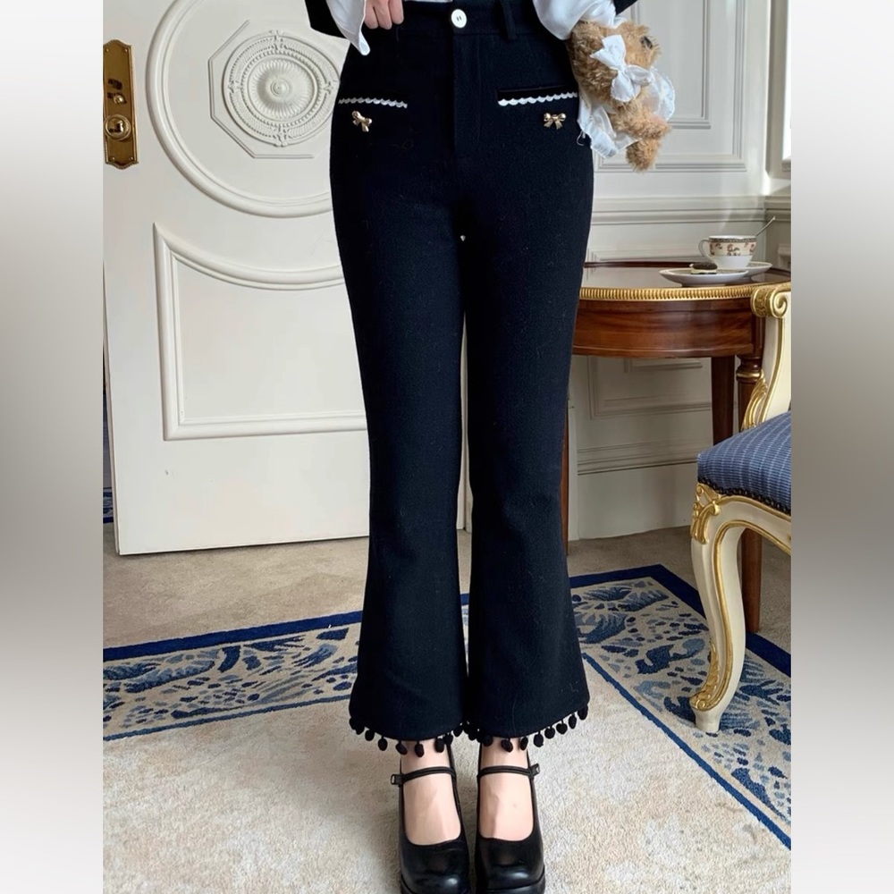 Japanese Kawaii Gyaru Cottagecore Shabby Chic Pom Pom Black Slim Boot Cut Pants